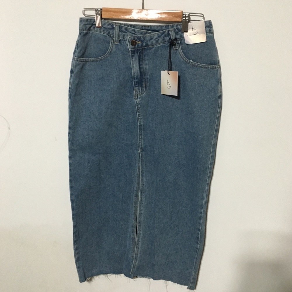 Happily Grey Denim Midi Skirt with Fringe Hem Size 7 and 11 NWT